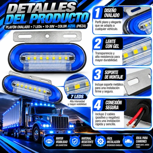 PLAFON OVALADO 7 LEDS CON GEL MULTIFUNCIONES 10-30V AZUL (PIEZA)