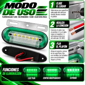 PLAFON OVALADO 7 LEDS CON GEL MULTIFUNCIONES 10-30V VERDE (PIEZA)
