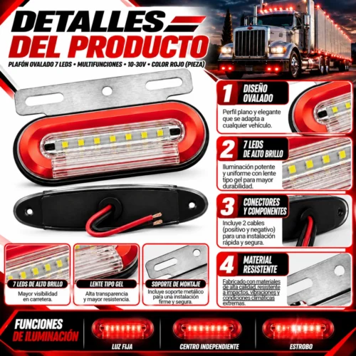 PLAFON OVALADO 7 LEDS CON GEL MULTIFUNCIONES 10-30V ROJO FUNCIÓN FIJA/ ESTROBO LUZ Y PRENDE INDEPENDIENTE CENTRO (PIEZA)