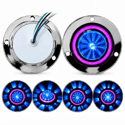 PLAFON UNIVERSAL WATERMELON CON ARILLO DE GEL LUZ FIJA Y ESTROBO 4" LUZ LATERAL FIJA, GIRATORIA Y ESTROBO 12/24V ARILLO MORADO/WATERMELON AZUL (PZA)