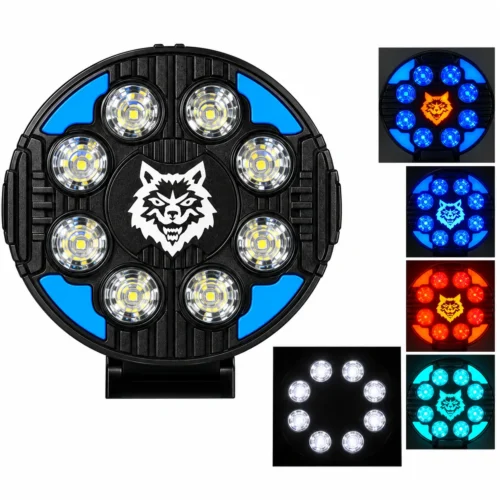 RENO114-B FARO REDONDO DE LED ALTA INTENSIDAD 15W DRL CON CENTRO RGB LUZ FIJA+ESTROBO 12/24V AZUL (PAR)