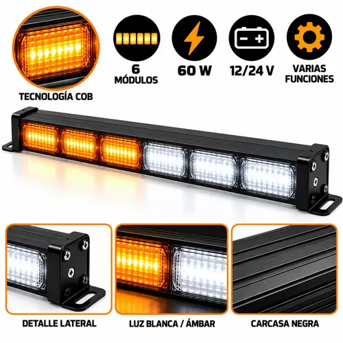 BARRA COB VARIAS FUNCIONES 6 MODULOS 60W 12/24V BCO/AMBAR