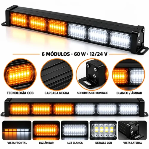 BARRA COB VARIAS FUNCIONES 6 MODULOS 60W 12/24V BCO/AMBAR