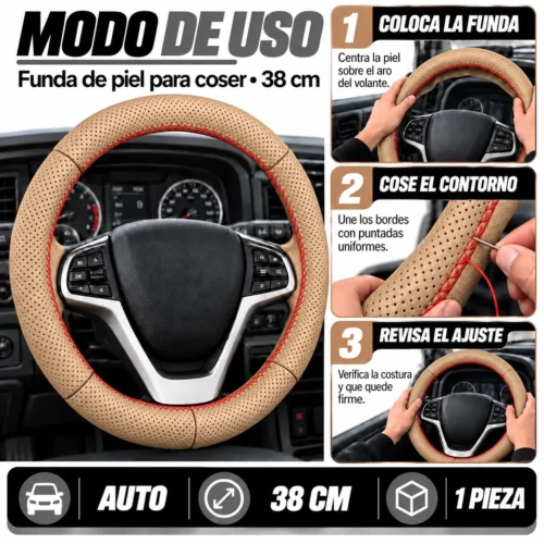 FUNDA DE VOLANTE 100% PIEL PARA COSER AUTO 38CM CAMEL