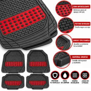 TAPETE GRUESO 4 PZAS TIPO CHAROLA NEGRO/ROJO (JUEGO)