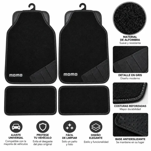 TAPETE MOMO TIPO ALFOMBRA 4 PIEZAS NEGRO CON GRIS